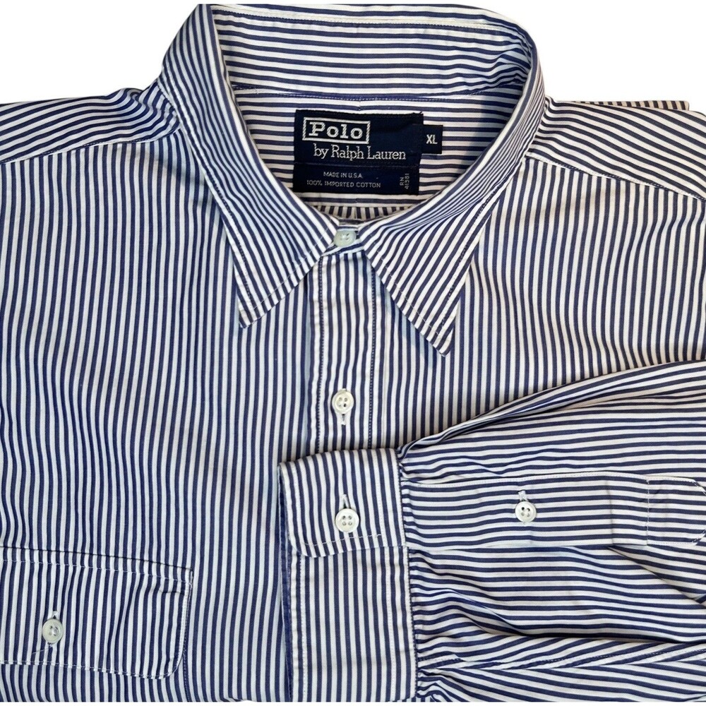 Polo Ralph Lauren Button Shirt Striped XL Long Sleeve Blue White USA Vintage 90s